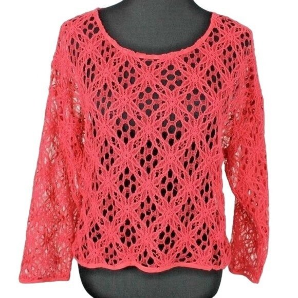 Solitaire Top Womens 3X Plus White Crochet Ladder Lace Sheer 3/4 Sleeve